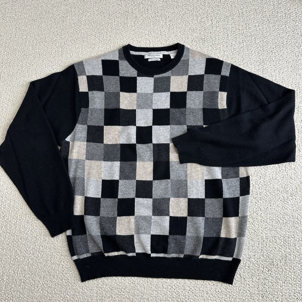 Impermeable Platinum 2 Ply Cashmere Sweater‎ Size XL Black Check Crew Neck